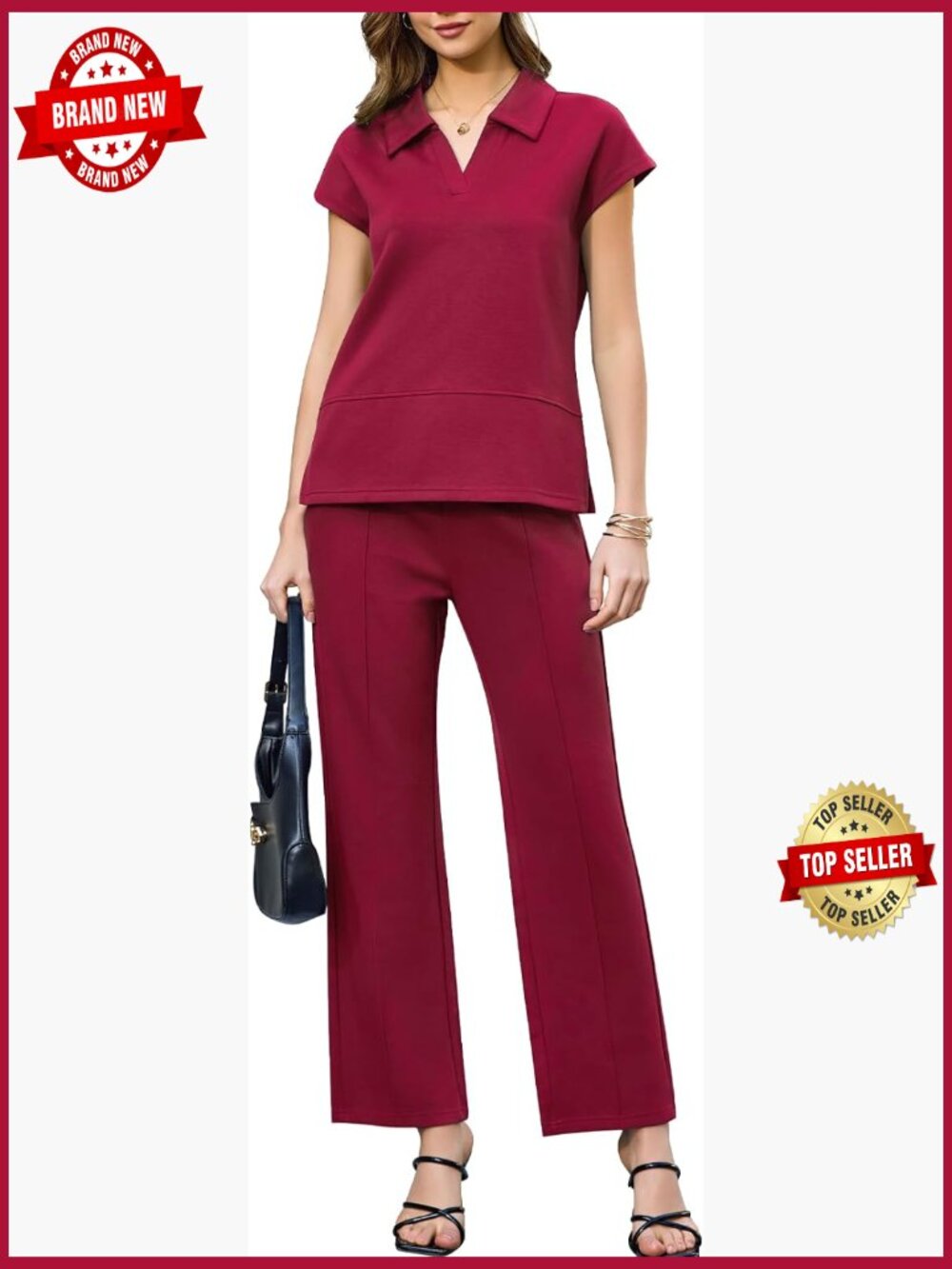 2 Piece Lounge Set V Neck Side Slit Polo Top Wide Leg Pants Tracksuit